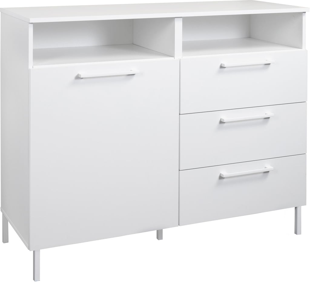 Nauvo senkki 96x120, valkoinen: Tyylikäs valkoinen senkki makuuhuoneeseen, erinomainen säilytysratkaisu vaatteille ja asusteille. Täydellinen lisäys moderniin sisustukseen.
