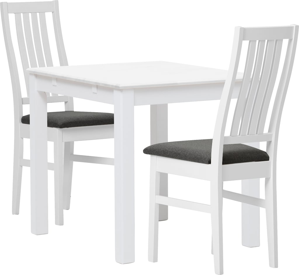 Hovi ruokailuryhmä 70x85. Valkoinen pöytä. Valkoinen tuoli, tummanharmaa verhoilu: Tyylikäs ruokailuryhmä kahdelle, jossa valkoinen pöytä ja tummanharmaalla verhoiltu Deluxe-tuoli. Sopii täydellisesti moderniin ruokailutilaan.