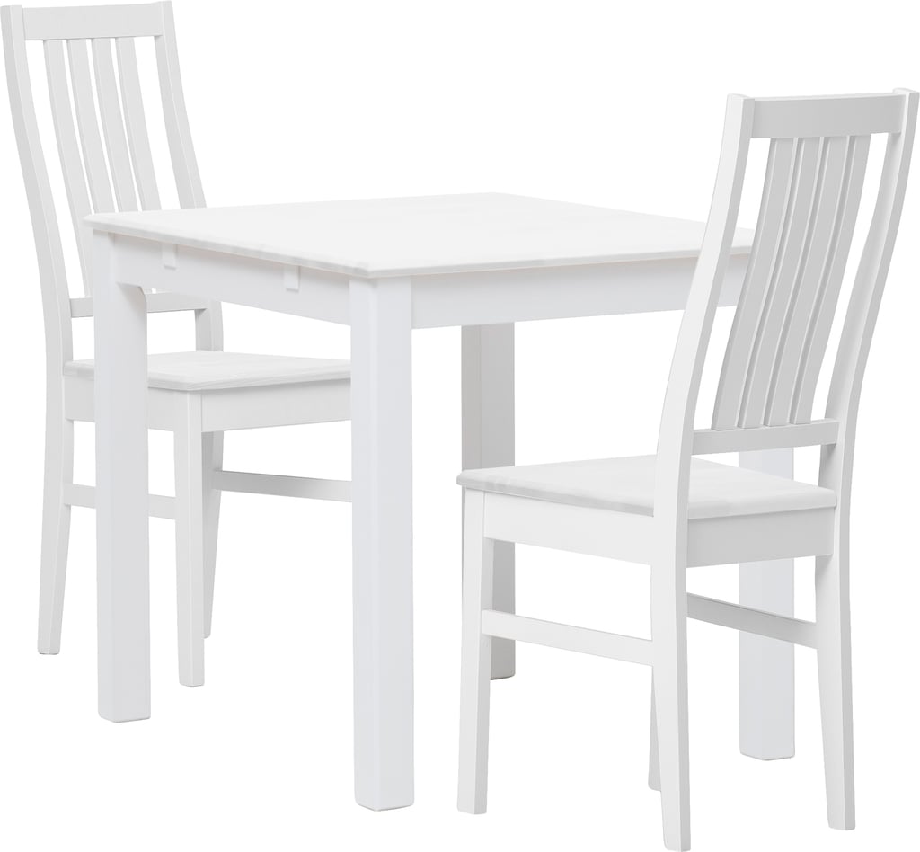 Hovi ruokailuryhmä 70x85 kahdelle, valkoinen: Tyylikäs ruokailuryhmä kahdelle, valkoinen pöytä ja Delux-tuolit. Täydellinen valinta pieneen ruokailutilaan tai keittiöön.