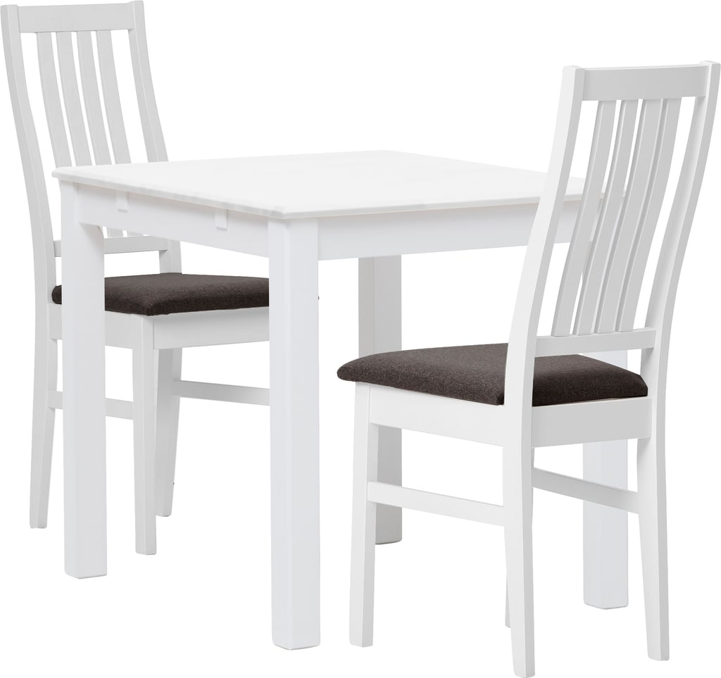 Hovi ruokailuryhmä 70x85. Valkoinen pöytä. Valkoinen tuoli, ruskea verhoilu: Tyylikäs ruokailuryhmä kahdelle, valkoinen pöytä ja ruskeaverhoillut tuolit. Täydellinen valinta moderneihin ruokailutiloihin.