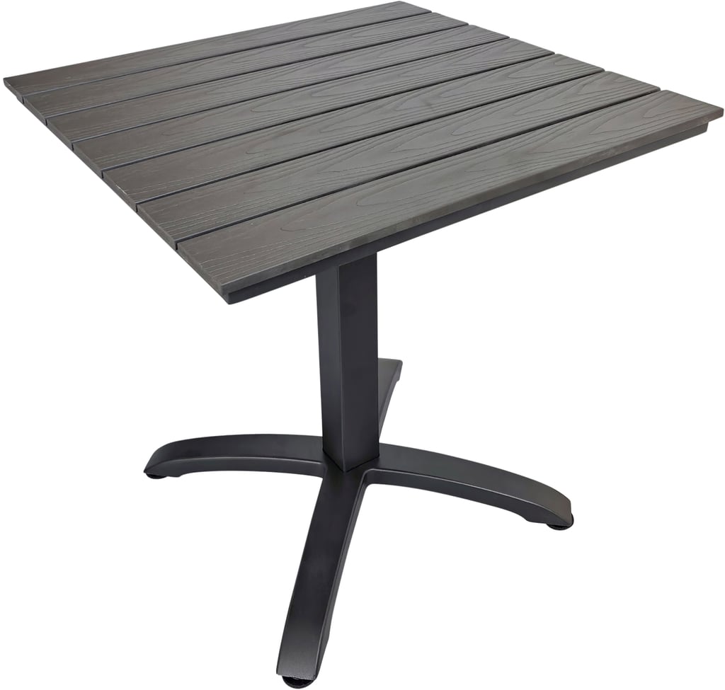 Dakota ruokapöytä 70x70cm: Tyylikäs 70x70 cm musta alumiininen Dakota-pöytä, yhdistää modernin muotoilun ja kestävän Easywood-pinnan. Täydellinen ruokapöydäksi terassille tai parvekkeelle.