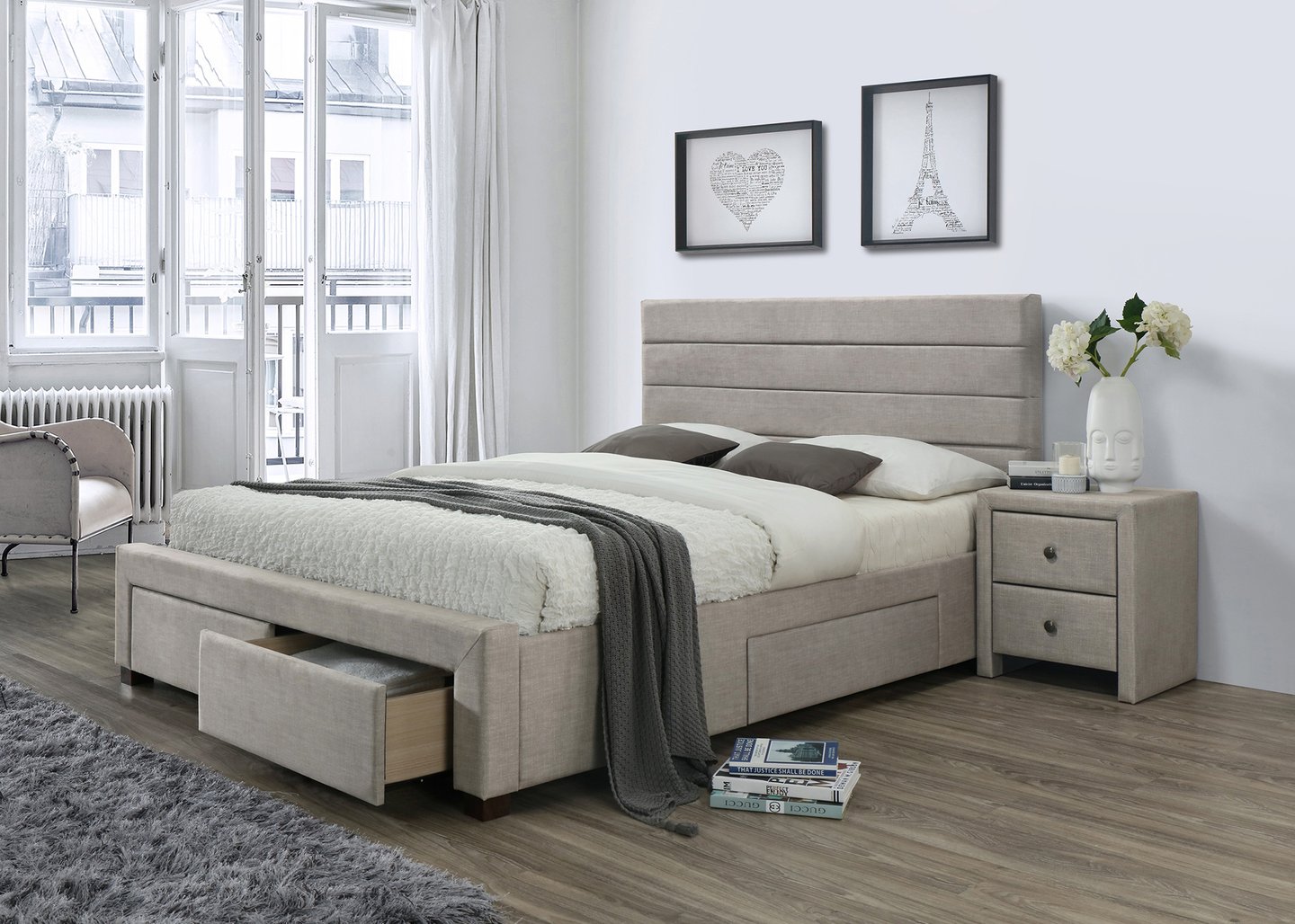 Emilia sängynrunko 160x200 säilytyslaatikoilla, beige