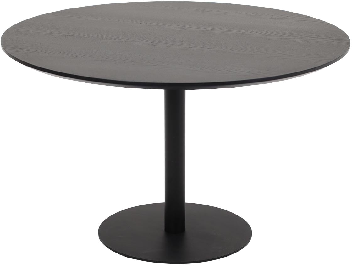 Mood ruokapöytä pyöreä 120cm, musta jalka / musta kansi: Tyylikäs pyöreä ruokapöytä, halkaisija 120 cm, musta MDF-tammiviilupinta ja metallijalka. Täydellinen kahdelle tai neljälle hengelle moderniin ruokailutilaan.