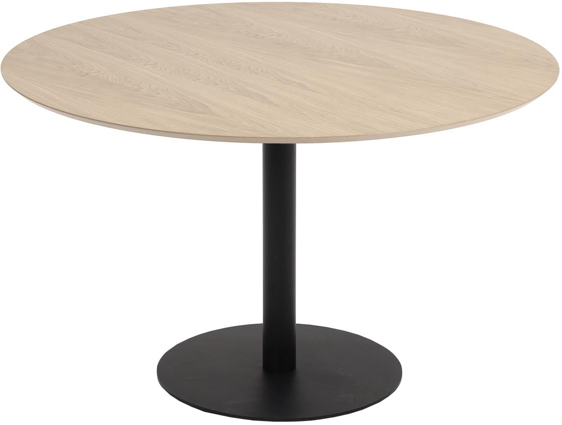 Mood ruokapöytä pyöreä 120cm, musta jalka / nordic oak kansi: Tyylikäs pyöreä ruokapöytä, halkaisija 120 cm, musta metallijalka ja nordic oak -viilupinta. Sopii täydellisesti moderniin ruokailutilaan kahdelle tai neljälle.