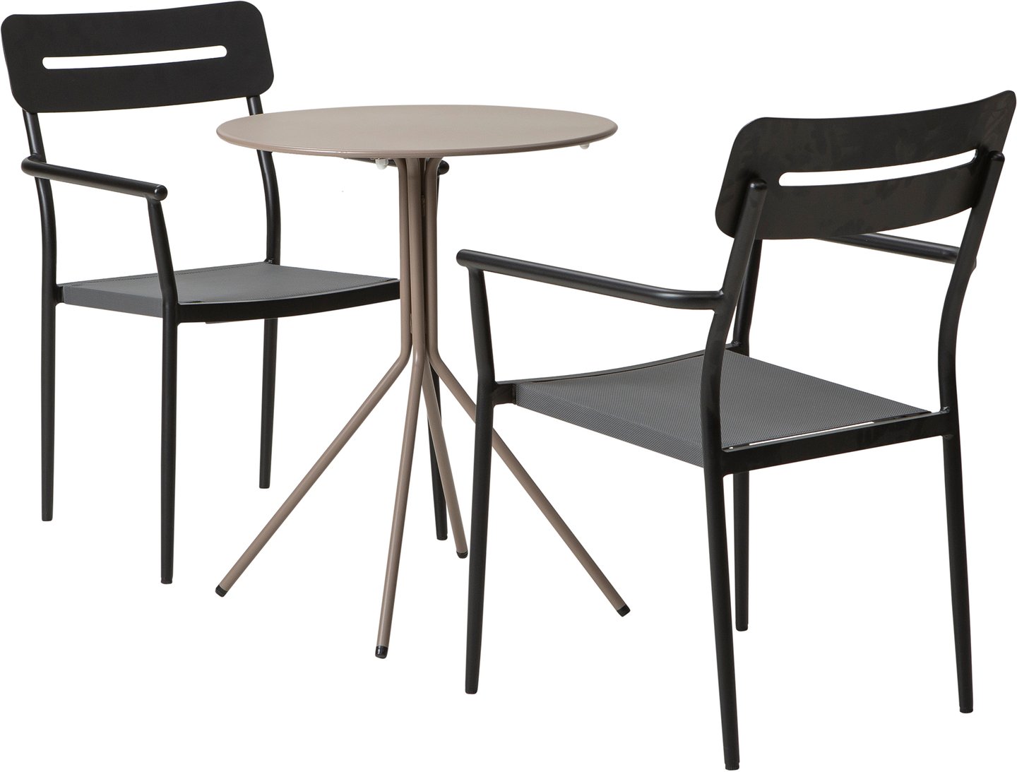 Trento & Isabella ruokailuryhmä pyöreä 60cm kahdelle khaki/musta: Pyöreä Trento-parvekepöytä (60 cm) ja kaksi Isabella-tuolia, musta alumiini ja khaki väri. Tyylikäs ruokailuryhmä ulos parvekkeelle tai terassille.