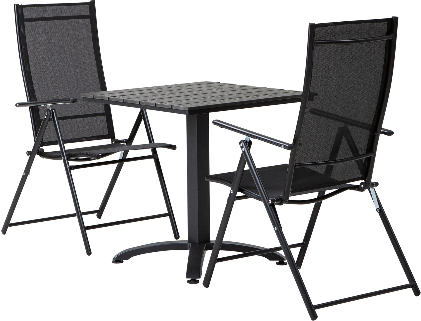 Dakota & Seattle  ruokailuryhmä 70x70 kahdelle säätötuoleilla: Tyylikäs 70x70 cm musta-harmaa ruokailupöytä ulkokäyttöön, täydellinen terassille tai puutarhaan. Mukana kaksi Seattle-saatotuolia.