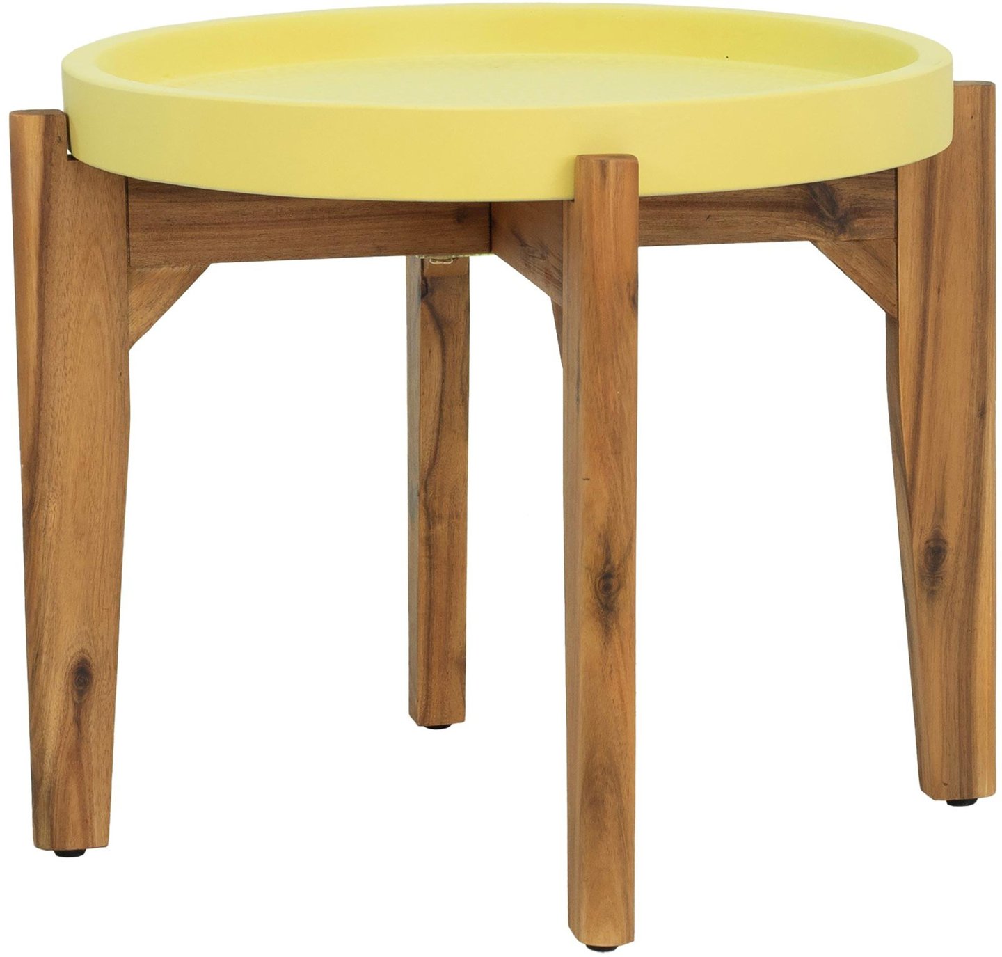 Jax sohvapöytä pyöreä 55 cm keltainen/puu: Tyylikäs keltainen Jax-sohvapöytä, 55 cm, täydellinen parvekkeelle tai terassille. Kestävä puumateriaali tuo väriä ja iloa ulkotiloihin.