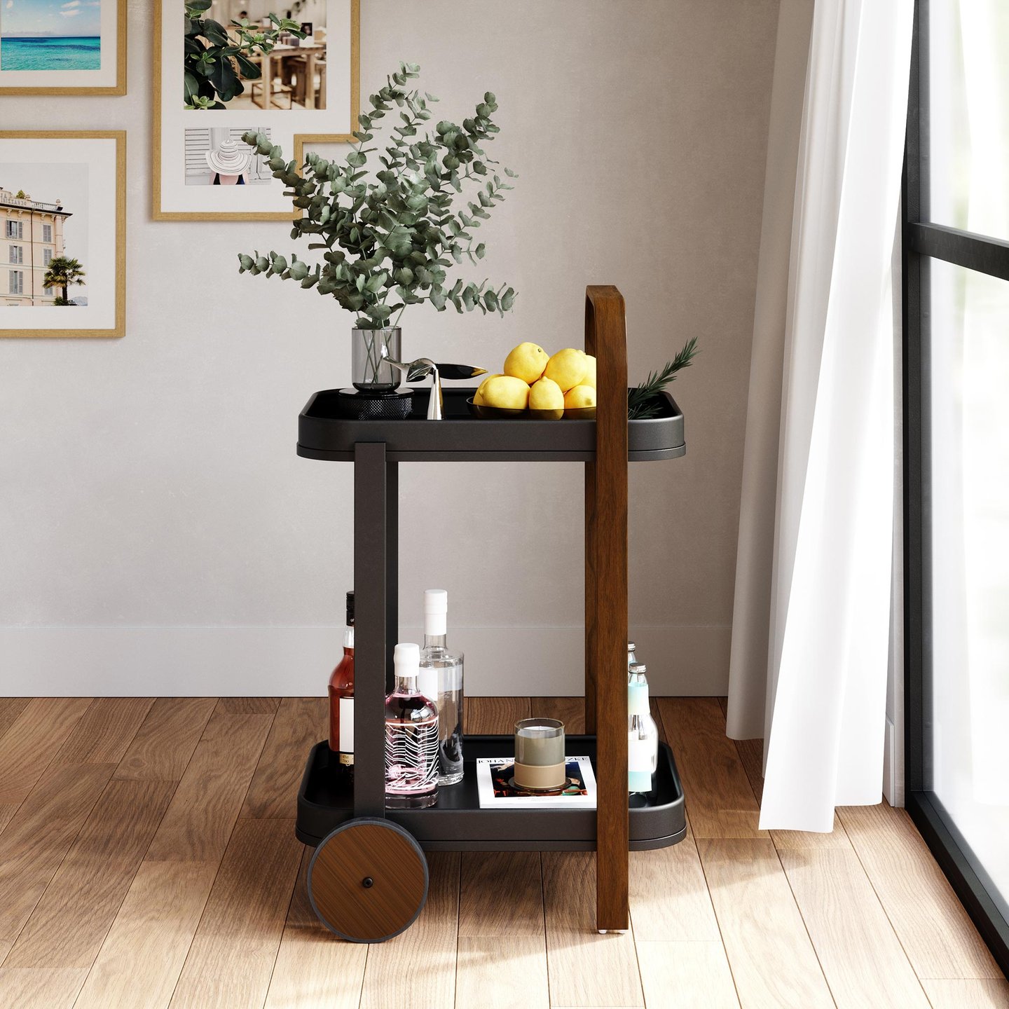 Umbra Bellwood tarjoiluvaunu 53x44x80cm musta/pähkinä: Tyylikäs Bellwood-tarjoiluvaunu, pähkinä/musta, täydellinen olohuoneen säilytykseen ja sisustukseen. Kätevä pienhuonekalu, joka tuo modernia ilmettä.