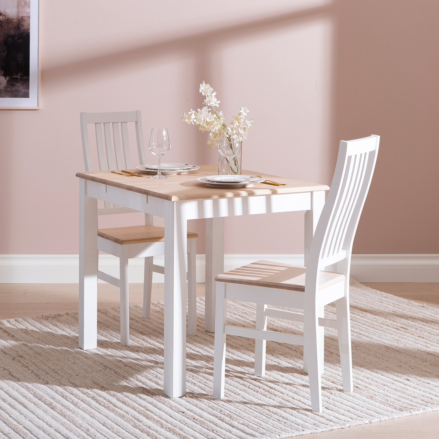 Hovi ruokailuryhmä 70cm kahdelle, valkoinen/valkolakattu koivu, Delux-tuoleilla