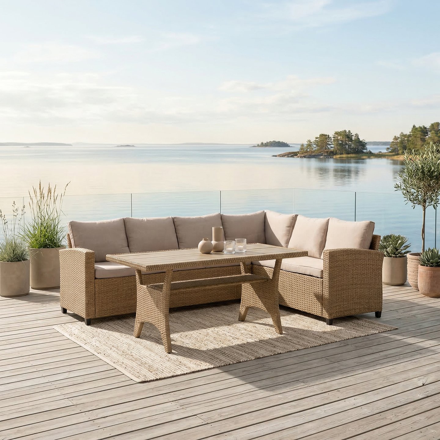 Savona harmaa/beige kulmasohva + korkea sohvapöytä