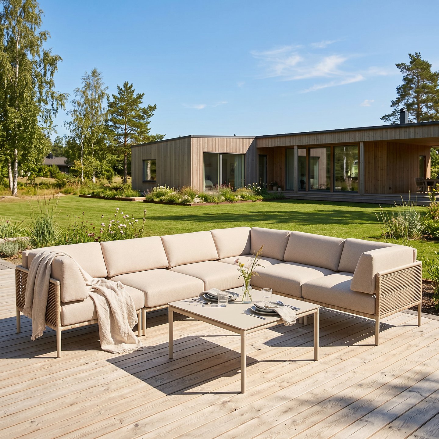 Asgård kulmasohva 2k3, taupe/beige + sohvapöytä