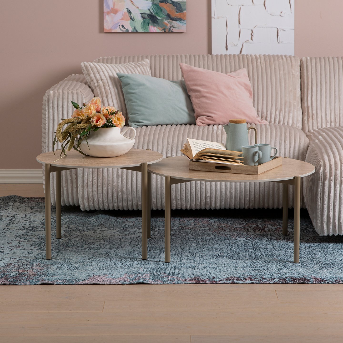 N &L Tilda sarjapöydät pyöreä 85x40 + 65x45, beige kivi / metallijalat