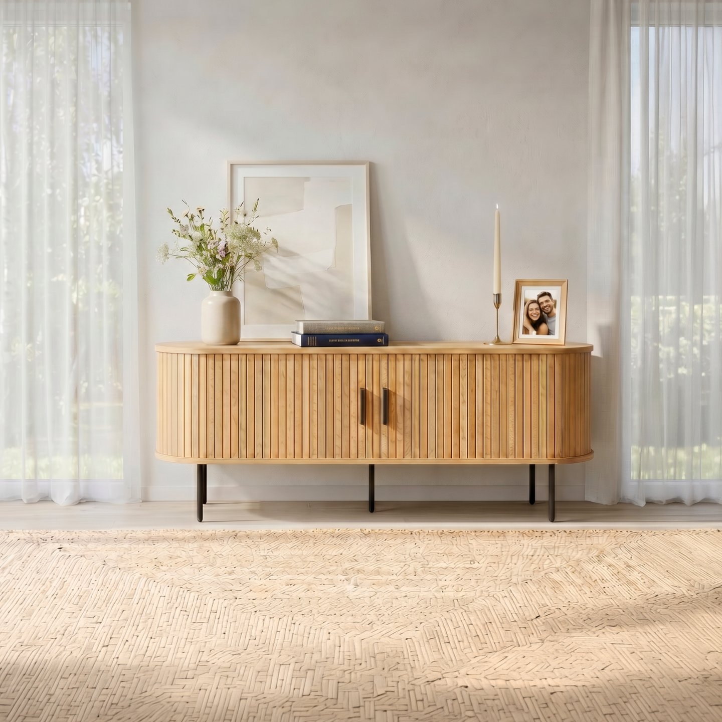 Pihla tv-taso 150x40x55cm​, tammen värinen melamiini / mustat jalat