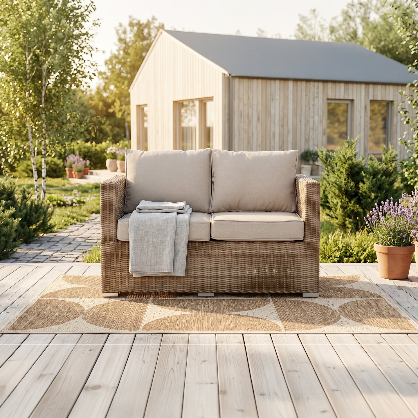 Mode 2-istuttava sohva natural polyrottinki / beige pehmuste