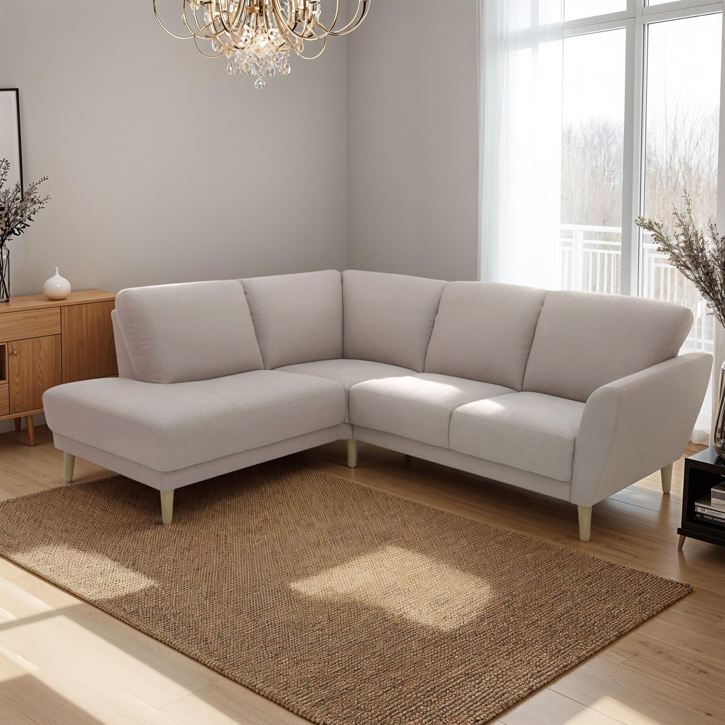 Klassikko avokulmasohva (vasen): Tyylikäs avokulmasohva, muokattava malli, beige väri. Sopii olohuoneeseen moderniin sisustukseen täydellisesti. Mukautuu tilaan ja tarpeisiin.
