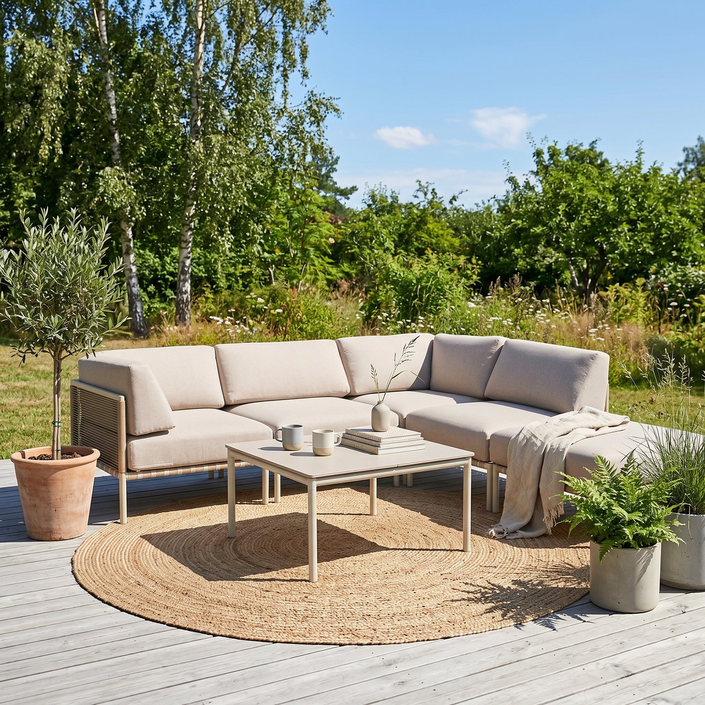 Asgård avokulmasohva rahipäädyllä, taupe/beige + sohvapöytä