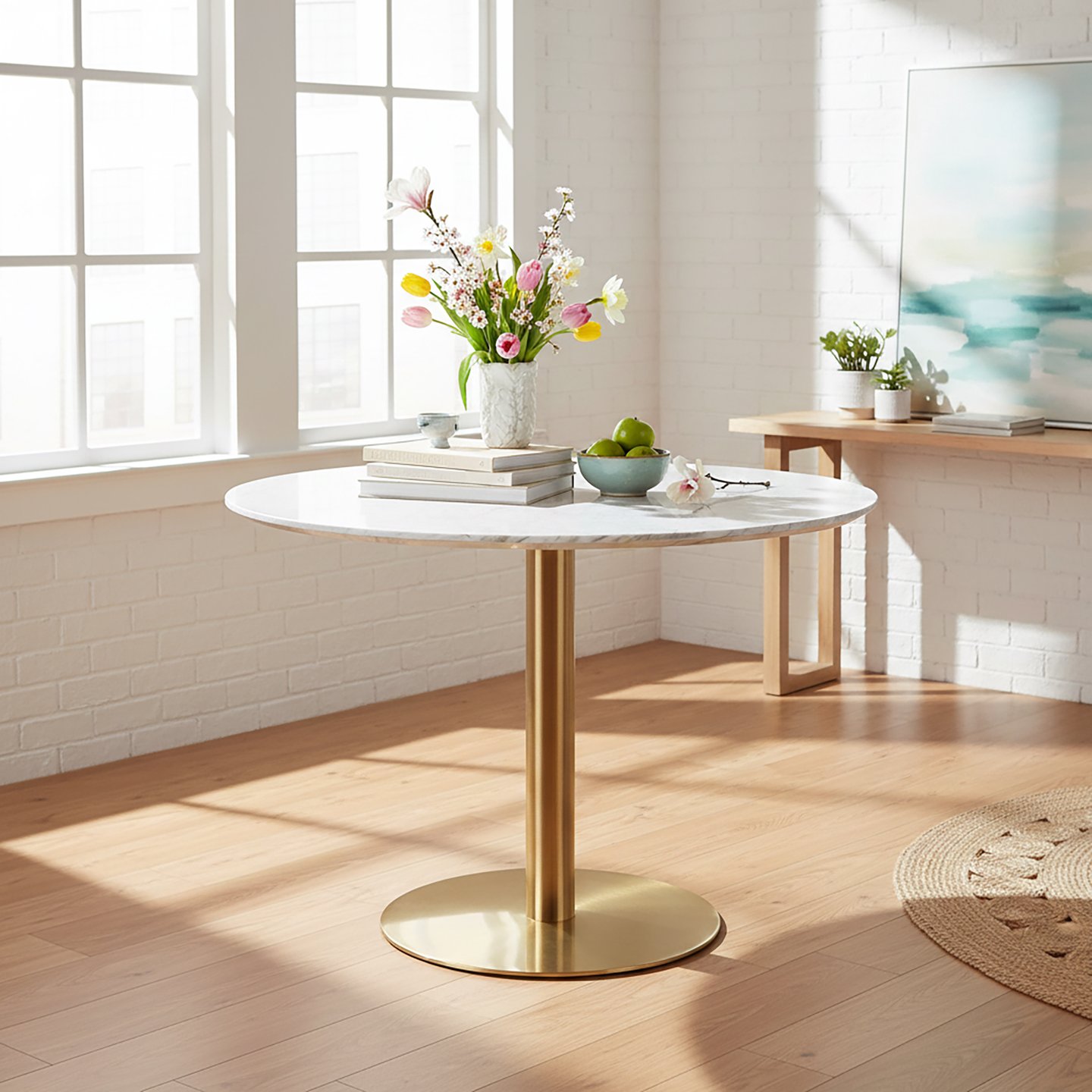House Nordic Bolzano ruokapöytä pyöreä 110cm, harmaa marmorijäljitelmä / messingin värinen jalka