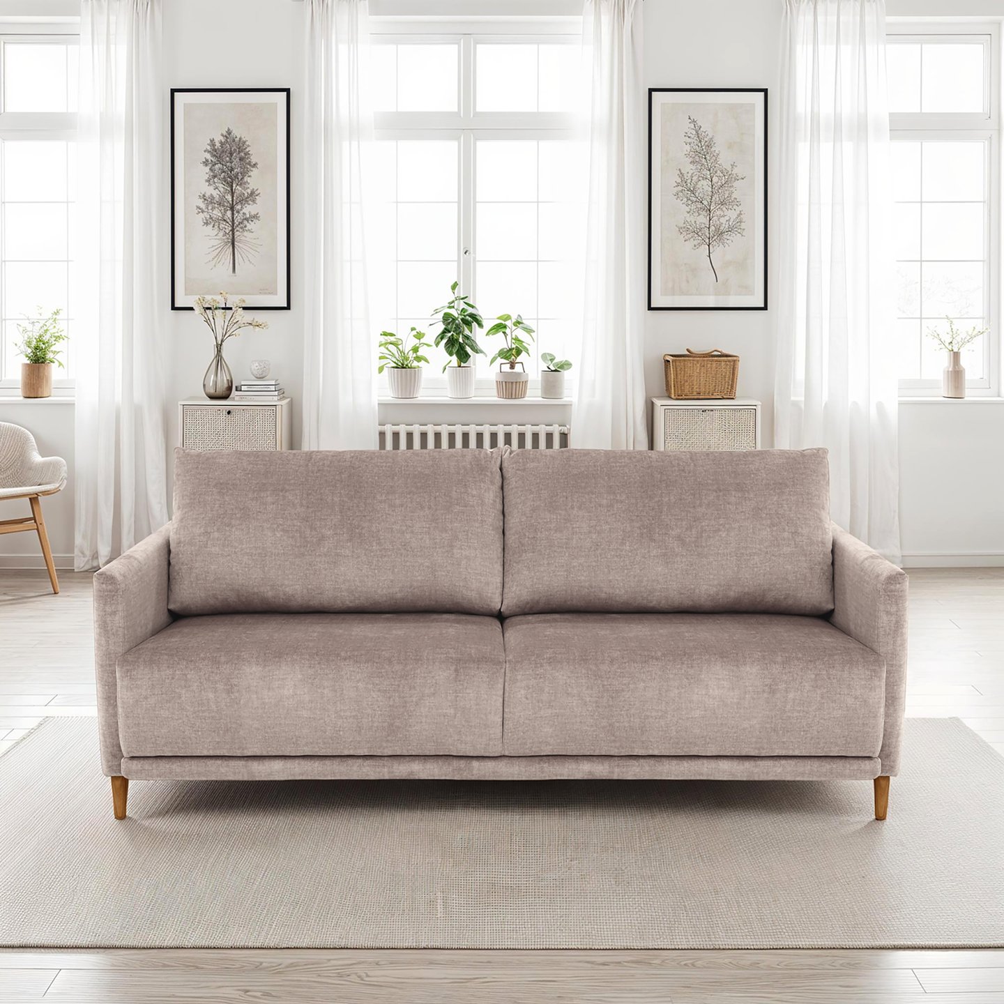 Pohjanmaan® Scandic 3-ist. sohva 198cm, Cloud 09-kangas, tammijalat: Tyylikäs 3-istuttava kangassohva, muokattava ja moderni. Sopii täydellisesti olohuoneeseen, tarjoaa mukavuutta ja tyyliä.