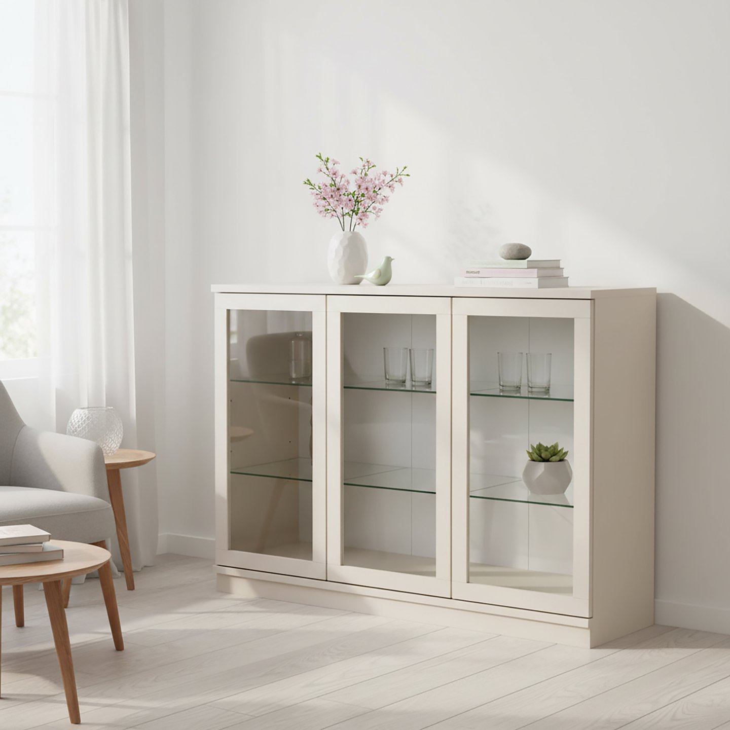 Sata korkea senkki nro 68. 138cm 3 lasiovea greige, sokkeli
