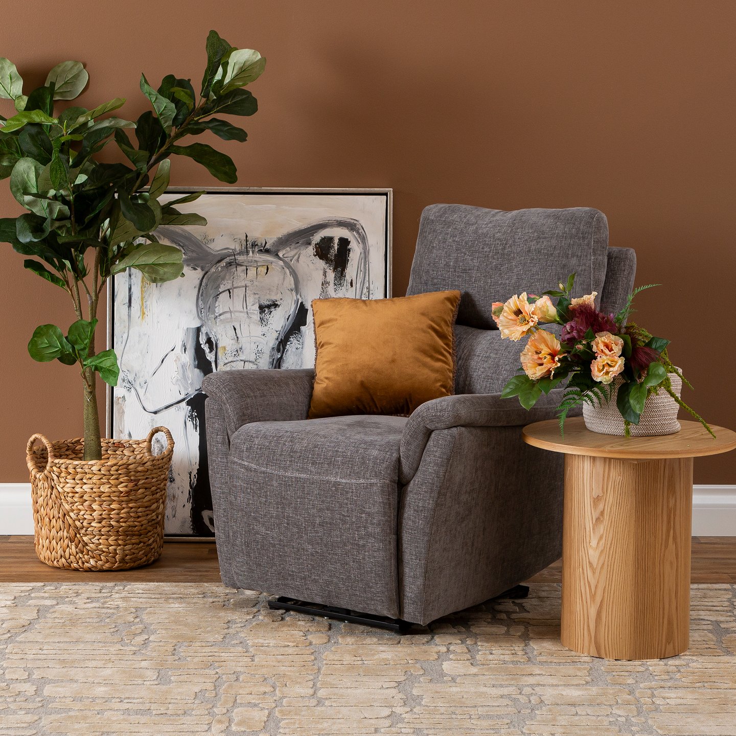Loungea Padova mekanismituoli moottorilla, harmaa kangasverhoilu