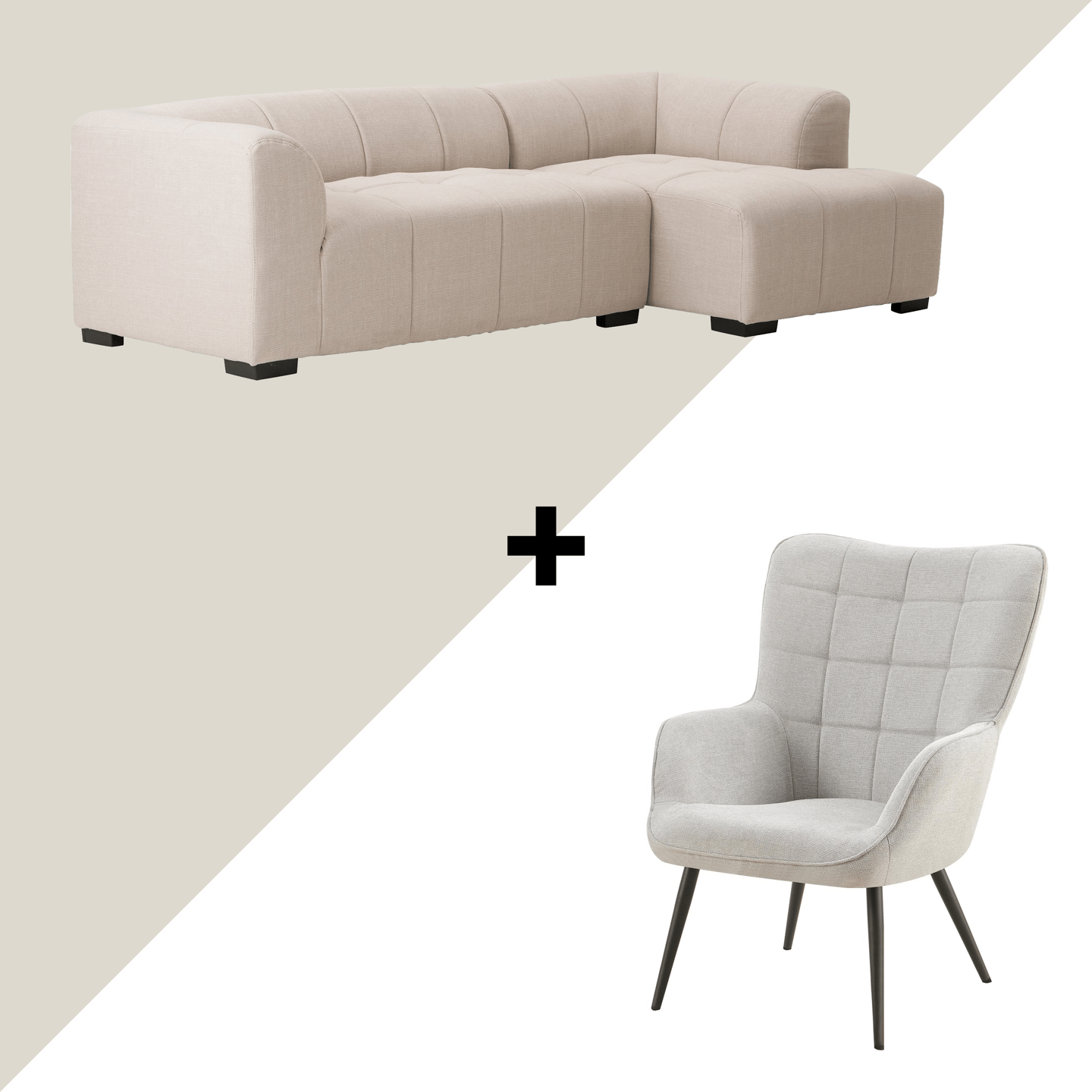 Janice & Emmi Divaanisohva (oikea) beige + nojatuoli beige: Tyylikäs ja moderni divaanisohva, beige väritys, täydellinen olohuoneeseen tai vierashuoneeseen. Mukava nojatuoli, joka tuo ylellisyyttä sisustukseen.
