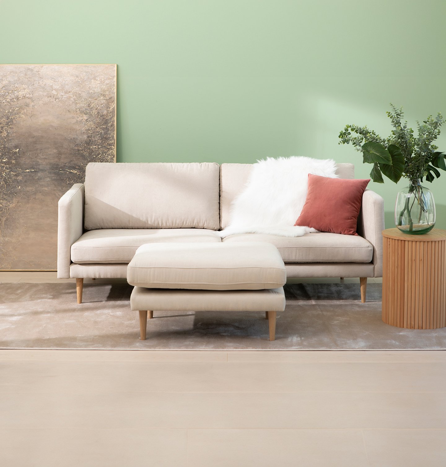 Copenhagen Scandic 3-istuttava sohva, beige / tammijalat