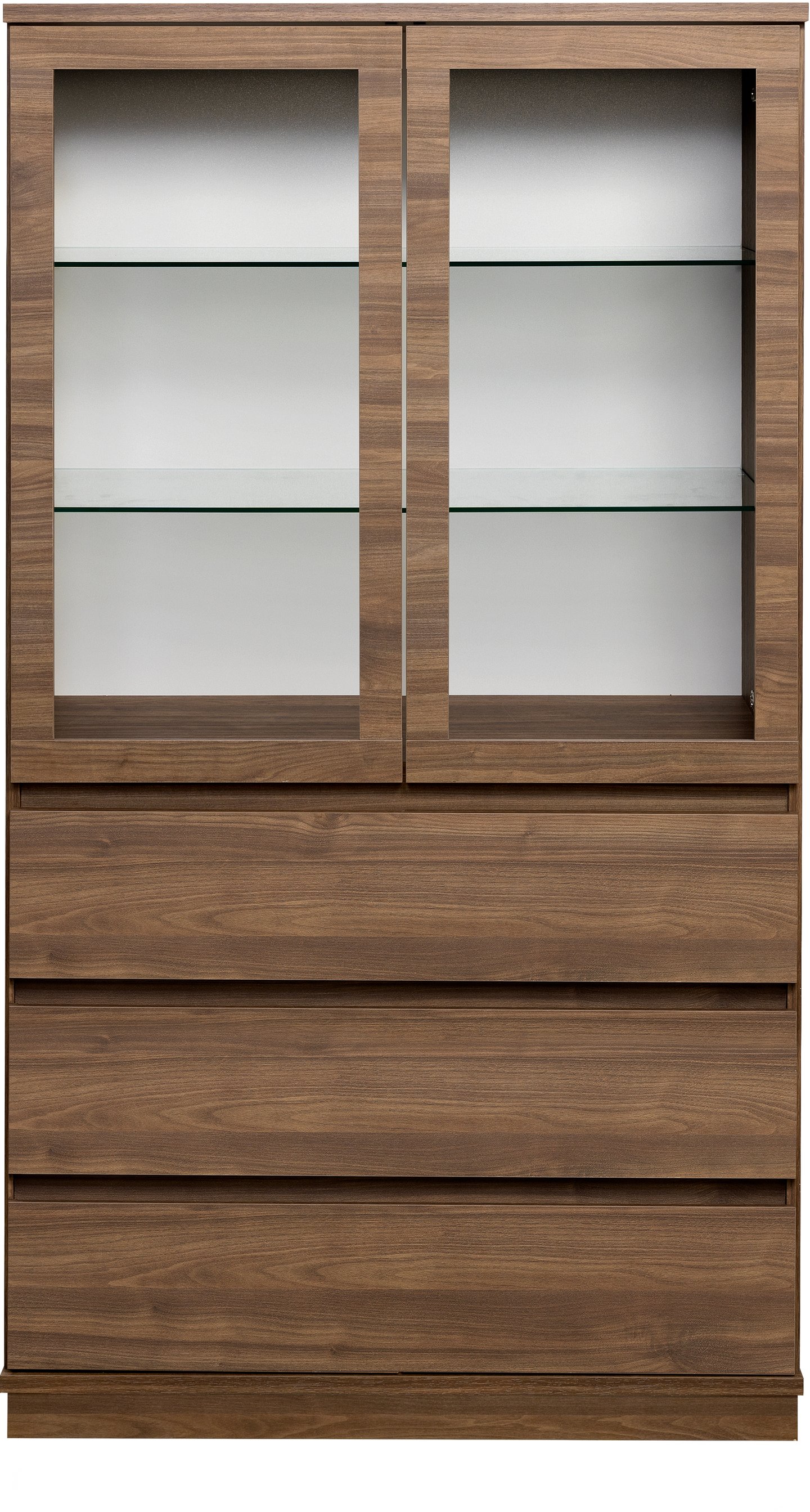 Sata korkea vitriini nro 102. 92cm laatikoilla ruskea, sokkeli