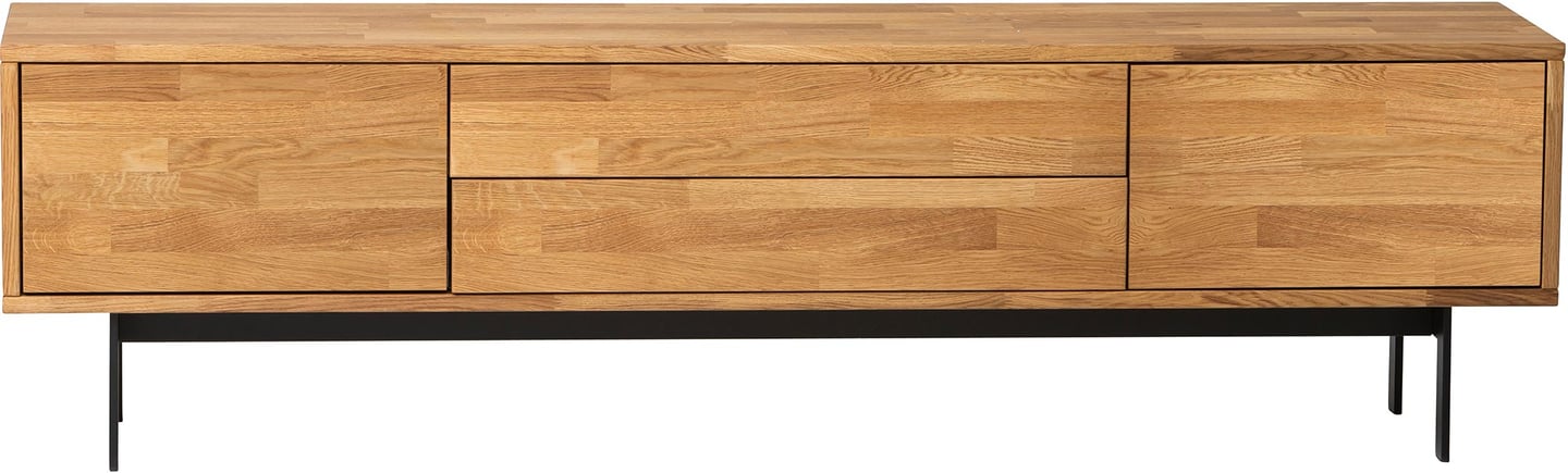 Kaiku tv-taso 180 cm natural tammi: Tyylikäs 180 cm Kaiku TV-taso, luonnollinen tammi ja mustat metallijalat. Täydellinen olohuoneen säilytyskaluste, moderni ja käytännöllinen.