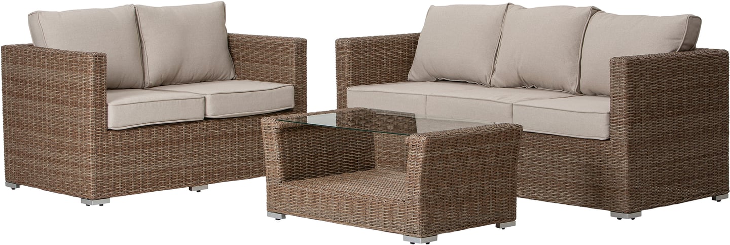 Mode sohvaryhmä (3 + 2 + sohvapöytä), natural: Tyylikäs ulkosohvaryhmä, joka tuo mukavuutta terassille tai puutarhaan. Kestävä rakenne ja moderni design täydentävät ulkotilojasi.