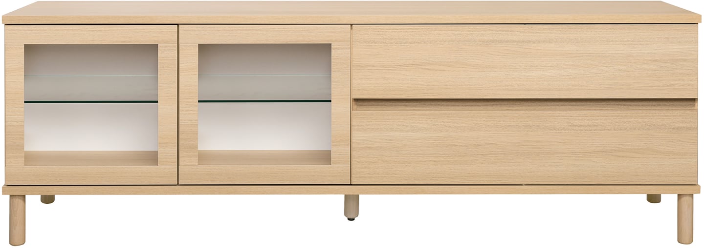 Sata-sarja taso nro 47. 183cm 2 lasiovi vasen + 2ltk vaalea tammi, pyöreä jalka