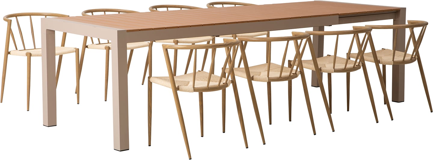 Albury & Deco ruokailuryhmä jatkettava 205/275x95cm kahdeksalle Tammi/beige tuoli: Tyylikäs ulkoruokailuryhmä, jossa taupe-tiivistettävä jatkopöytä ja 8 beigeä Deco-tuolia. Perfect terassille tai puutarhaan.