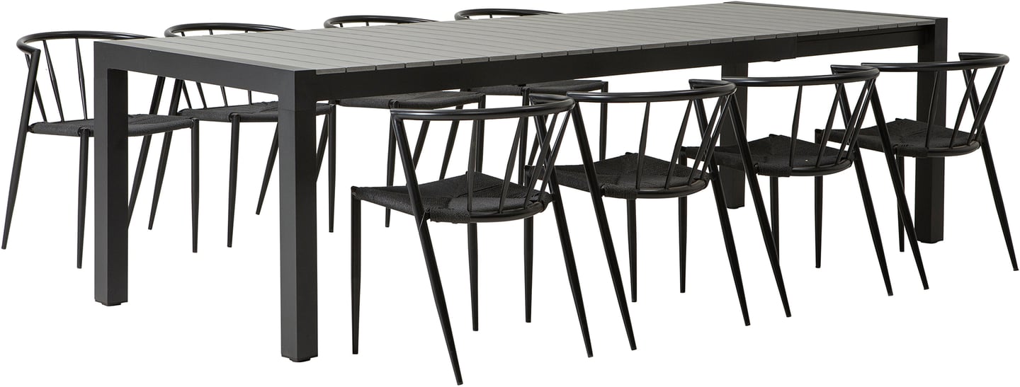 Dakota & Deco ruokailuryhmä jatkettava 205/275x95cm kahdeksalle: Tyylikäs musta-harmaa ruokailuryhmä ulos, joka sisältää jatkopöydän (205-275 cm) ja 8 mustaa Deco-tuolia. Täydellinen terassille!