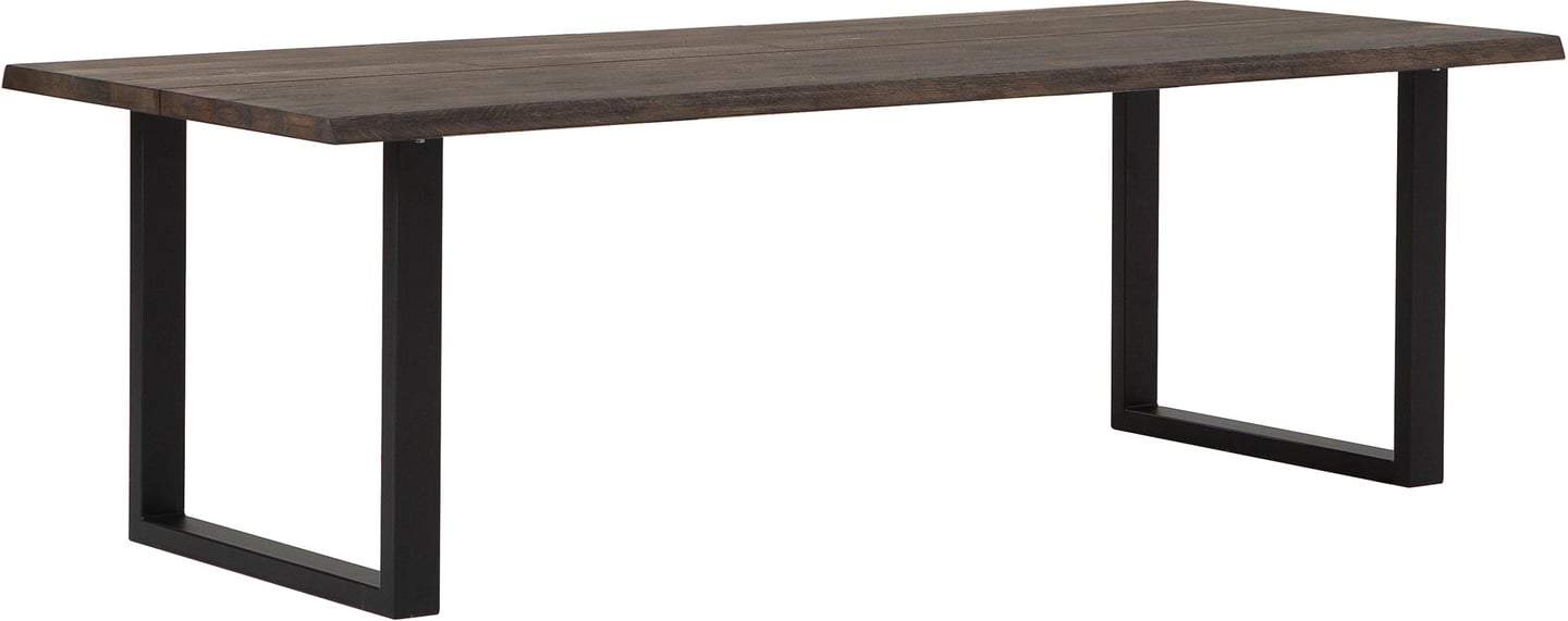 Estelle lankkupöytä 240x95 smoked tammi, U-jalalla: Tyylikäs ruokapöytä kahdeksalle, 240x95 cm, savutammesta, luonnollisella reunalla. Sopii moderniin ruokailutilaan.