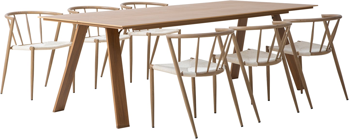 Messina & Deco ruokailuryhmä 220x100 kuudelle: Tyylikäs Messina ruokailuryhmä ulos, sisältää 220x100 cm pöydän ja 6 beigeä Deco-tuolia. Erinomainen valinta terassille tai puutarhaan!