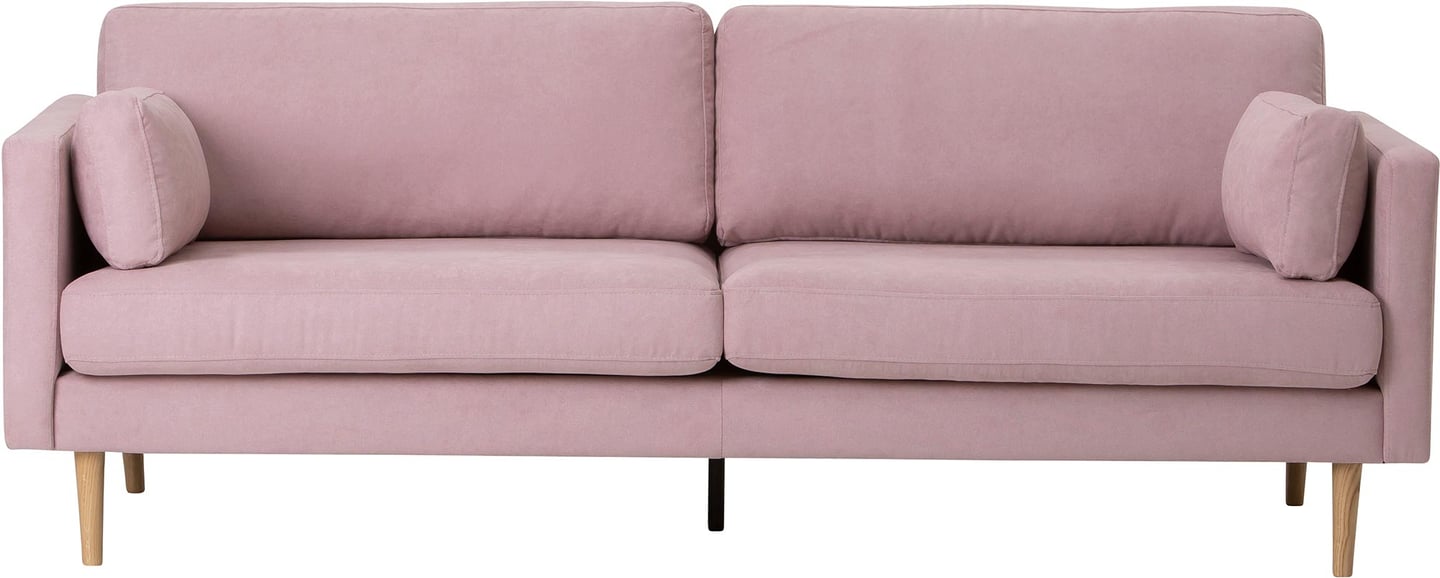 Copenhagen Nordic 3-ist. sohva roosa / tammijalat: Tyylikäs 3-istuttava sohva, pehmeä pinkki kangas ja tammijalat. Täydellinen olohuoneen keskipisteeksi. Mukavuus ja skandinaavinen design yhdistyvät.