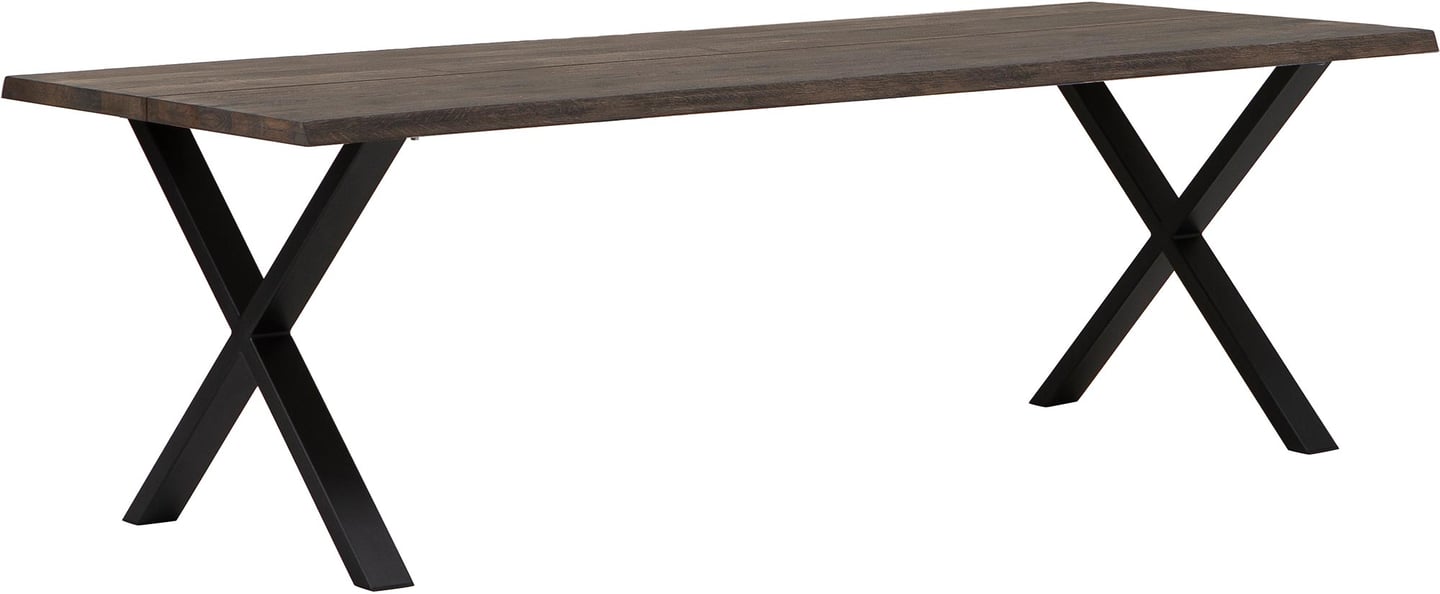 Estelle lankkupöytä 240x95 smoked tammi, X-jalalla: Tyylikäs ruokapöytä kahdeksalle, valmistettu savutammesta. Moderni muotoilu ja villireunat tuovat lämpöä ruokailutilaan. Sopii täydellisesti suurille perheille ja illanistujaisiin.