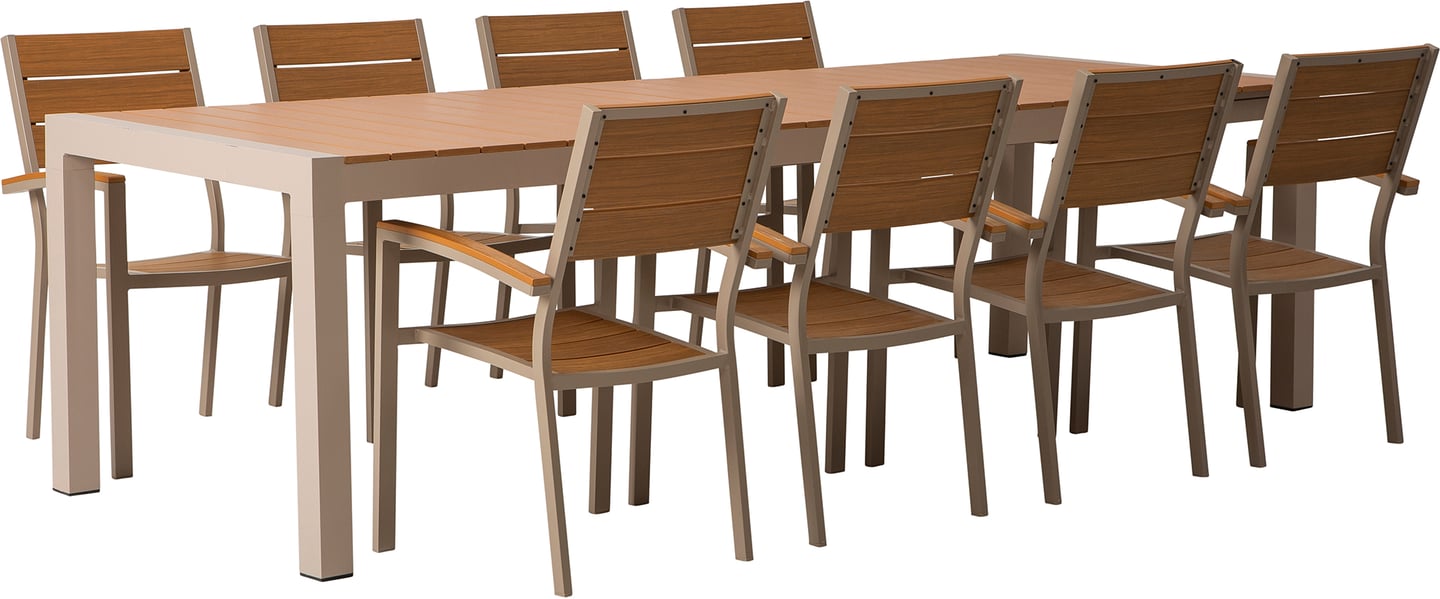 Albury ruokailuryhmä jatkettava 205/275x95cm kahdeksalle: Tyylikäs ja kestävä Albury jatkopöytä, 205-275 cm, taupe alumiinia ja tiikkiä. Sopii täydellisesti ulkoruokailuryhmiin terassille tai puutarhaan.