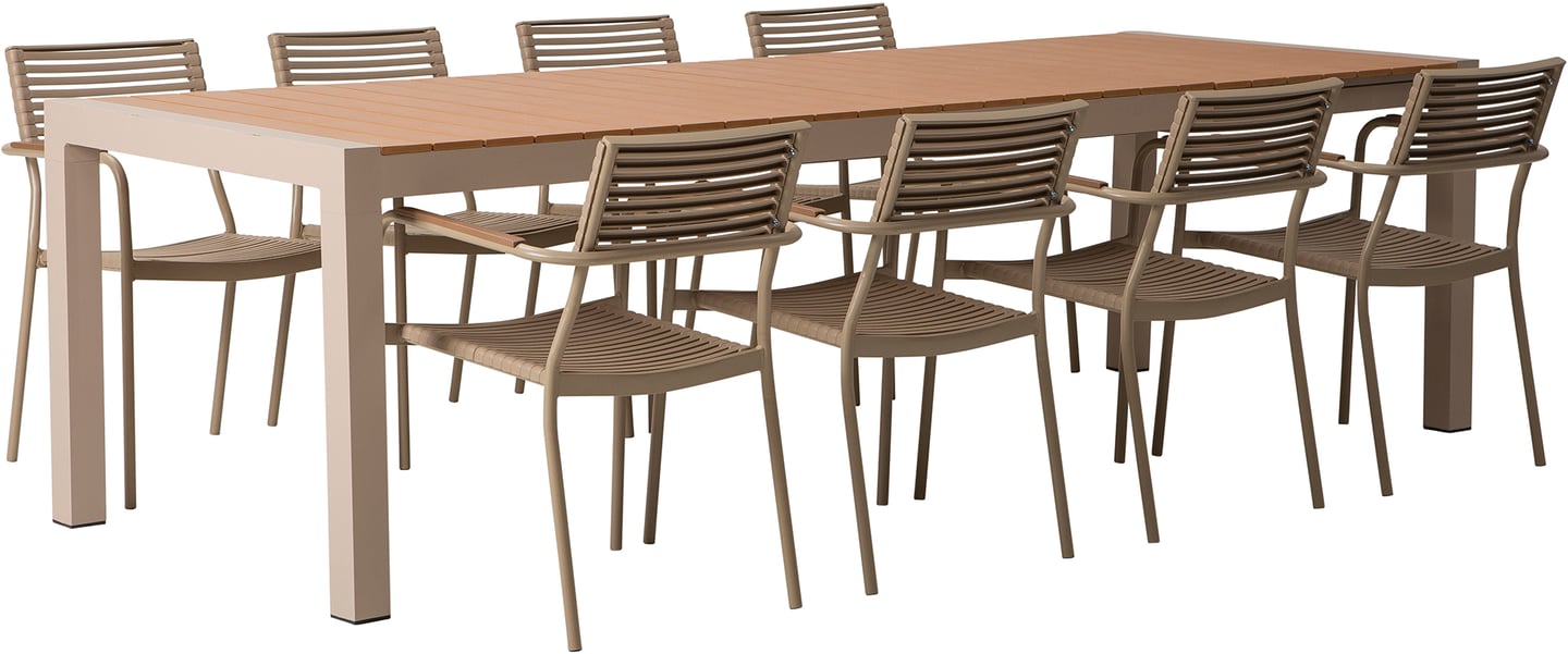 Albury & Calle ruokailuryhmä jatkettava 205/275x95cm kahdeksalle: Tyylikäs ulkoruokailuryhmä, jossa jatkopöytä ja pinottavat tuolit. Sopii täydellisesti terassille tai puutarhaan. Kestävä tiikkiviimeistely.
