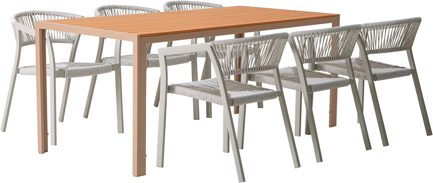 Albury & Elegance ruokailuryhmä 205x90 kuudelle: Tyylikäs Albury Elegance -ruokailuryhmä, tilaa kuudelle. Sopii erinomaisesti terassille tai puutarhaan, ulkona nauttimiseen. Kestävä ja moderni muotoilu.