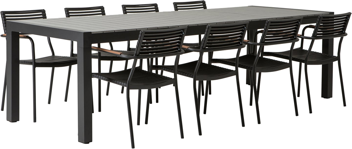 Dakota & Calle ruokailuryhmä jatkettava 205/275x95cm kahdeksalle: Tyylikäs musta-harmaa ruokailuryhmä ulkokäyttöön, sisältää jatkopöydän ja 8 pinottavaa tuolia. Erinomainen valinta terassille tai puutarhaan.