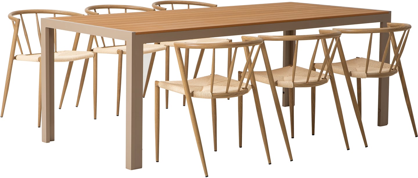 Albury & Deco ruokailuryhmä 205x90 kuudelle: Tyylikäs ulkoruokailuryhmä, jossa tukeva tiikkipöytä (205x90 cm) ja kuusi beigeä Deco-tuolia. Täydellinen terassille tai puutarhaan!