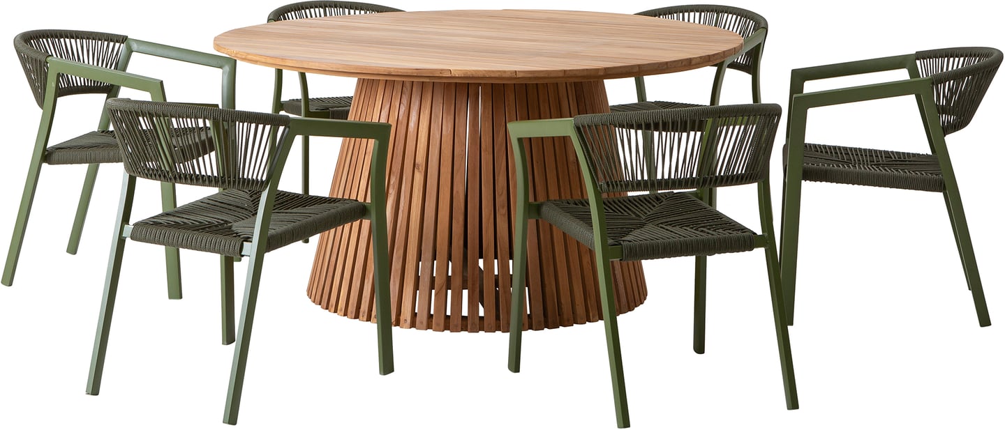 Deco & Elegance ruokailuryhmä pyöreä 150cm kuudelle: Tyylikäs 150 cm pyöreä ruokapöytä tiikistä, täydellinen ulkoilmaan. Mukana 6 pinottavaa Elegance-tuolia, vihreä väri. Sopii terassille ja puutarhaan.