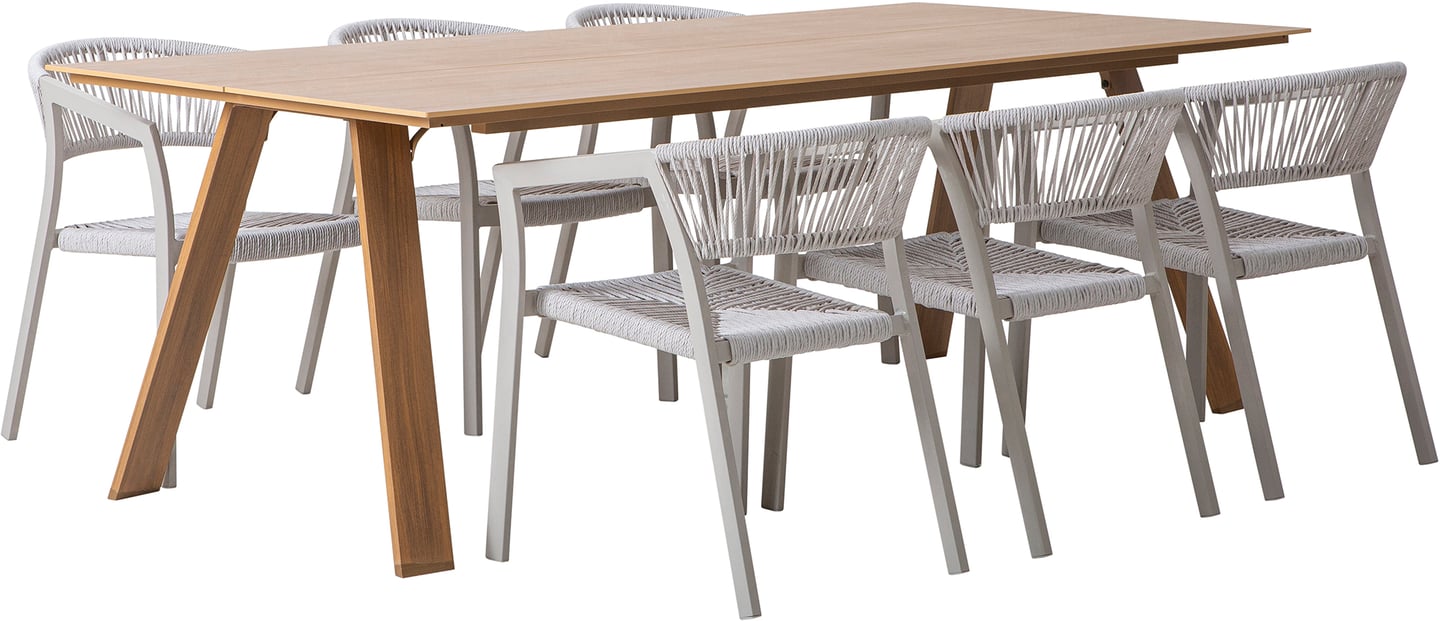 Messina & Elegance ruokailuryhmä 220x100 kuudelle: Tyylikäs Messina ruokailuryhmä ulos, sisältäen 220x100 cm pöydän ja 6 taupe-väriä pinottavaa tuolia. Täydellinen terassille tai puutarhaan!