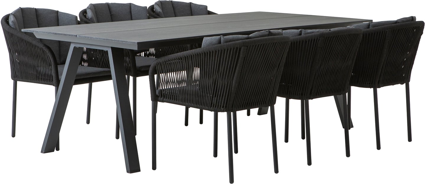 Messina & Victoria ruokailuryhmä 220x100 kuudelle, musta/harmaa: Tyylikäs Messina Victoria ruokailuryhmä ulos, musta-harmaa, 220x100 cm, täydellinen terassille tai puutarhaan. Kestävä ja moderni muotoilu.