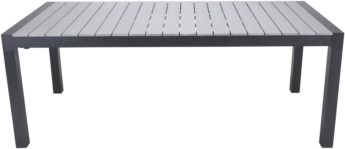Dakota jatkopöytä 205/275x95cm: Tyylikäs musta alumiininen jatkopöytä, 205-275x100 cm, täydellinen ruokailuryhmä ulos terassille tai puutarhaan. Kestävä ja helppohoitoinen.