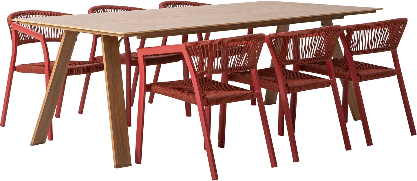 Messina & Elegance ruokailuryhmä 220x100 kuudelle: Tyylikäs ruokailuryhmä ulos, sisältää 220x100 cm pöydän ja kuusi pinottavaa tuolia. Erinomainen valinta terassille tai puutarhaan.