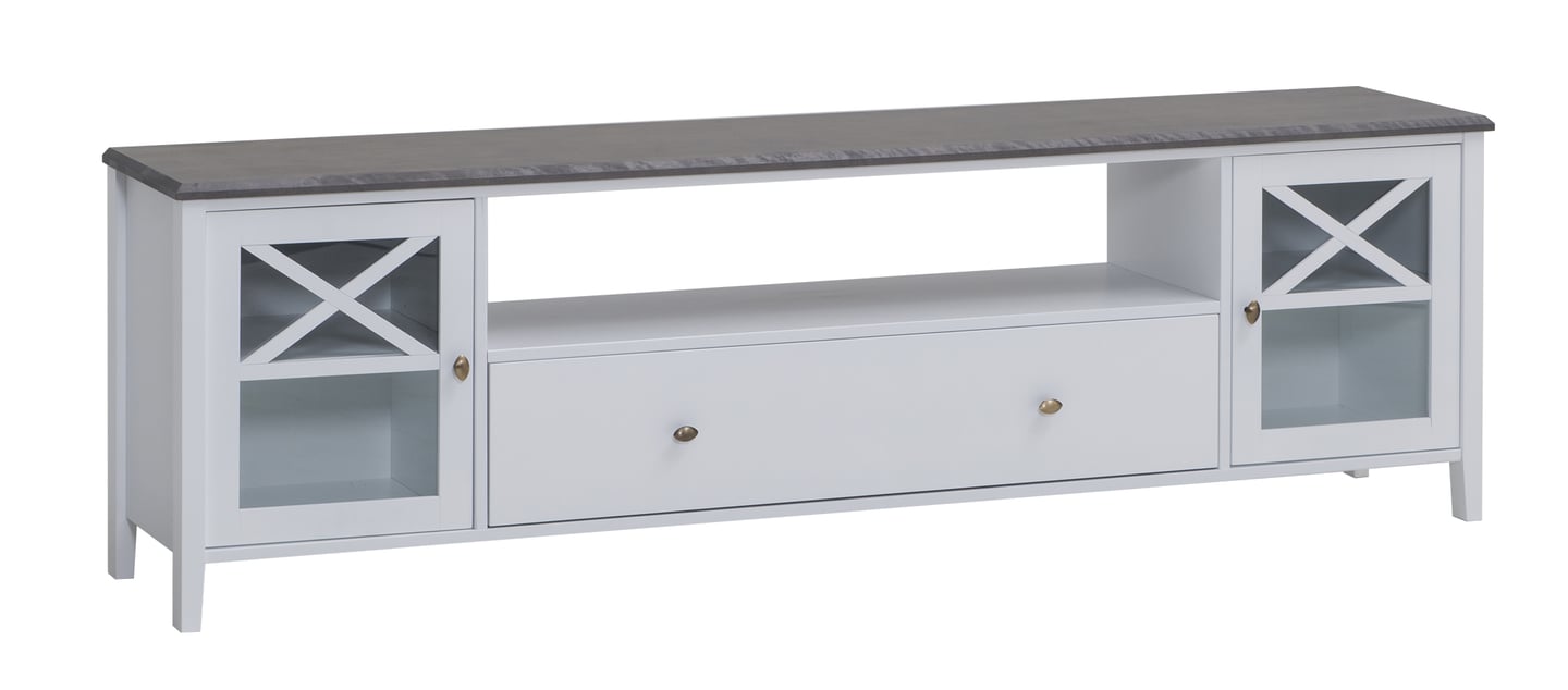 Hovi tv-taso 180cm, valkoinen/harmaa: Tyylikäs valkoinen TV-taso pähkinäpinnalla. Täydellinen olohuoneen säilytyskaluste, jossa yhdistyy käytännöllisyys ja moderni design.