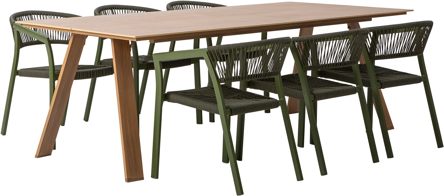 Messina & Elegance ruokailuryhmä 220x100 kuudelle: Tyylikäs ulkoruokailuryhmä, johon kuuluu 220x100 cm pöytä ja kuusi pinottavaa Elegance-tuolia. Sopii täydellisesti terassille tai puutarhaan.