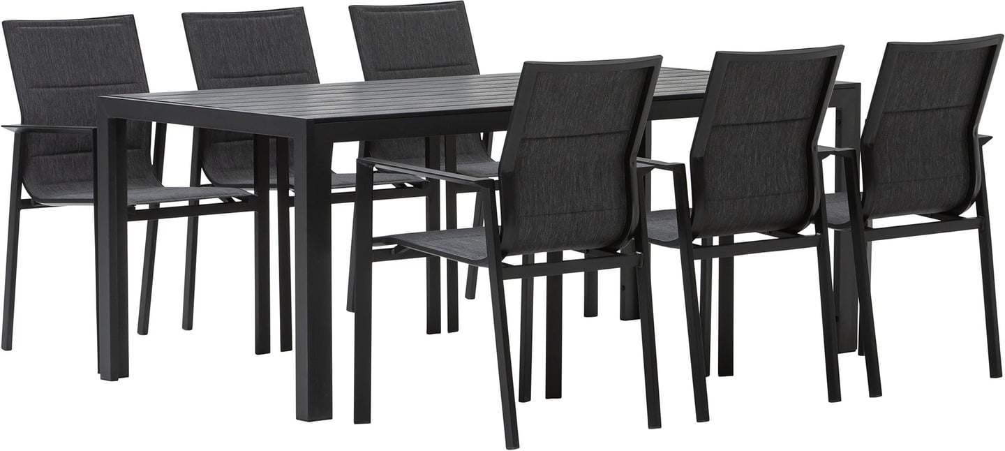Dakota & Newark ruokailuryhmä 205x90 kuudelle: Tyylikäs musta-harmaa ruokailuryhmä ulos, 205x90 cm pöytä ja Newark-tuolit. Erinomainen valinta terassille tai puutarhaan. Kestävä ja kaunis.