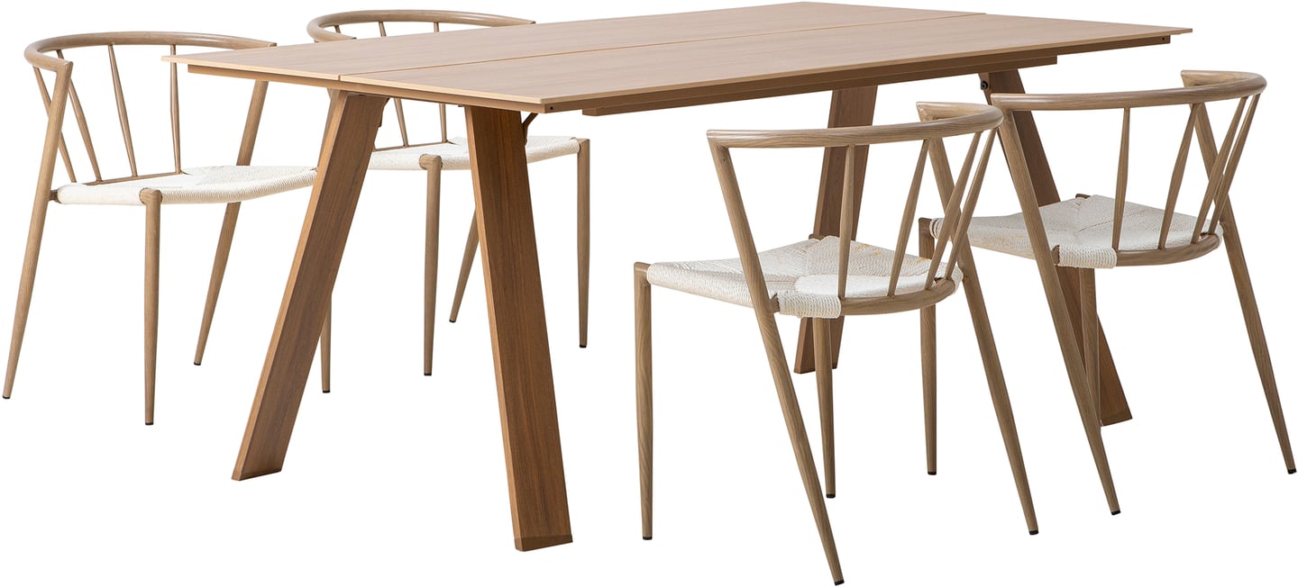 Messina & Deco ruokailuryhmä 160x100 neljälle: Tyylikäs ruokailuryhmä ulos, sisältää 160x100 cm pöydän ja neljä beigeä Deco-tuolia. Täydellinen terassille tai puutarhaan.